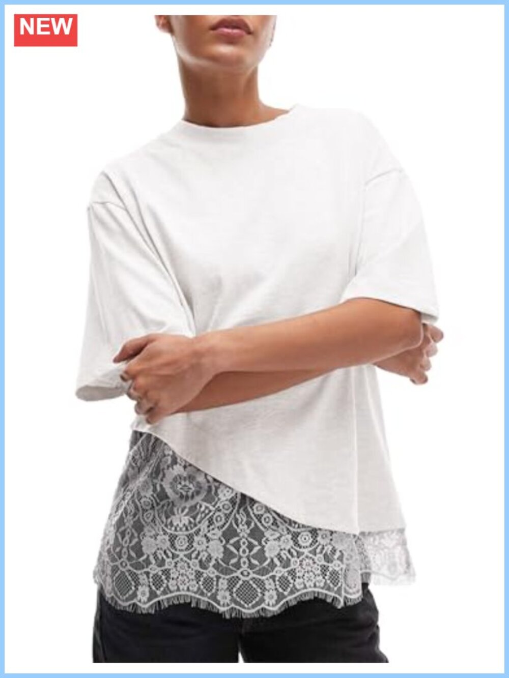 Lace Patchwork Cotton Short Sleeve T-Shirt Loose Fit Crew Neck